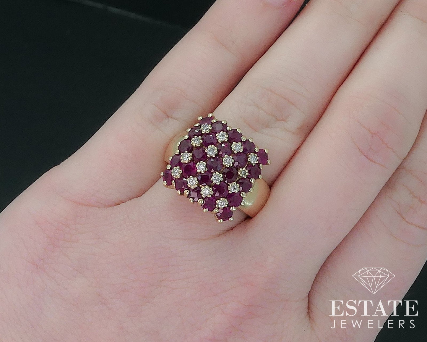 14k Yellow Gold EFFY Natural Ruby & Diamond Ladies Cluster Ring 9.8g i17618