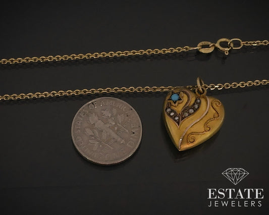 Antique Victorian Solid Gold Seed Pearl Turquoise Puffy Heart Necklace 4g i17617