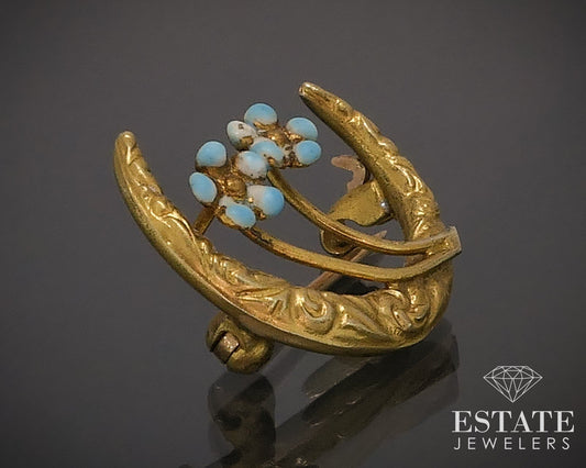 Antique Nouveau 10k Yellow Gold Enameled Crescent Moon Pin Brooch 1g i17616