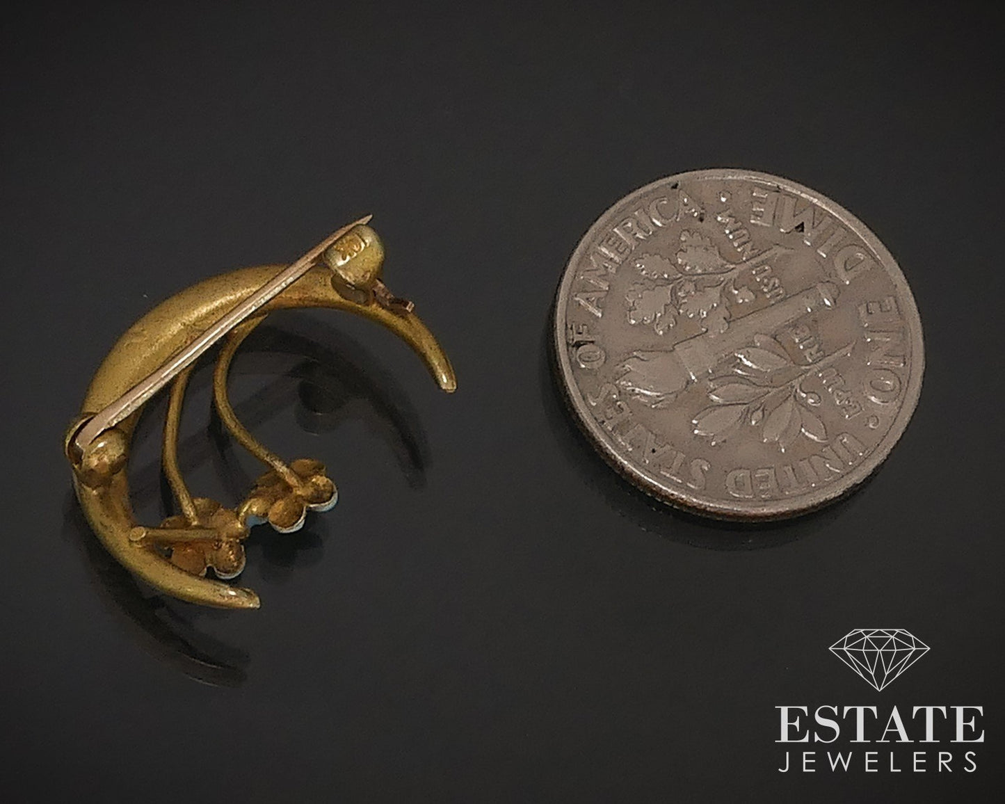 Antique Nouveau 10k Yellow Gold Enameled Crescent Moon Pin Brooch 1g i17616