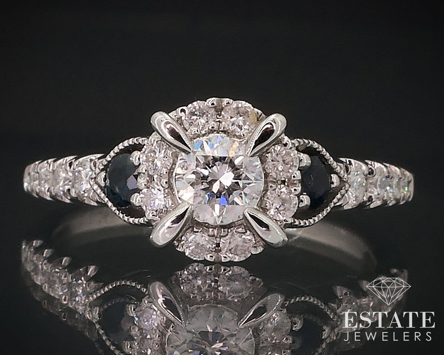 14k White Gold Round Natural .35ctw Diamond Sapphire Engagement Ring 2.5g i17657