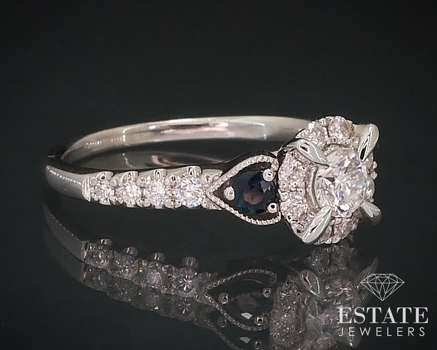 14k White Gold Round Natural .35ctw Diamond Sapphire Engagement Ring 2.5g i17657