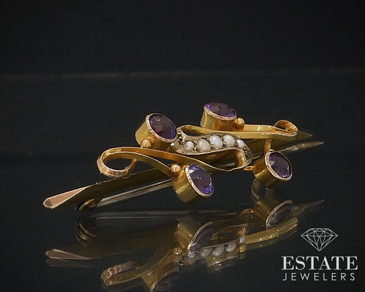 Antique Victorian 9k Yellow Gold Amethyst & Seed Pearl Pin Brooch 2.1g i17652
