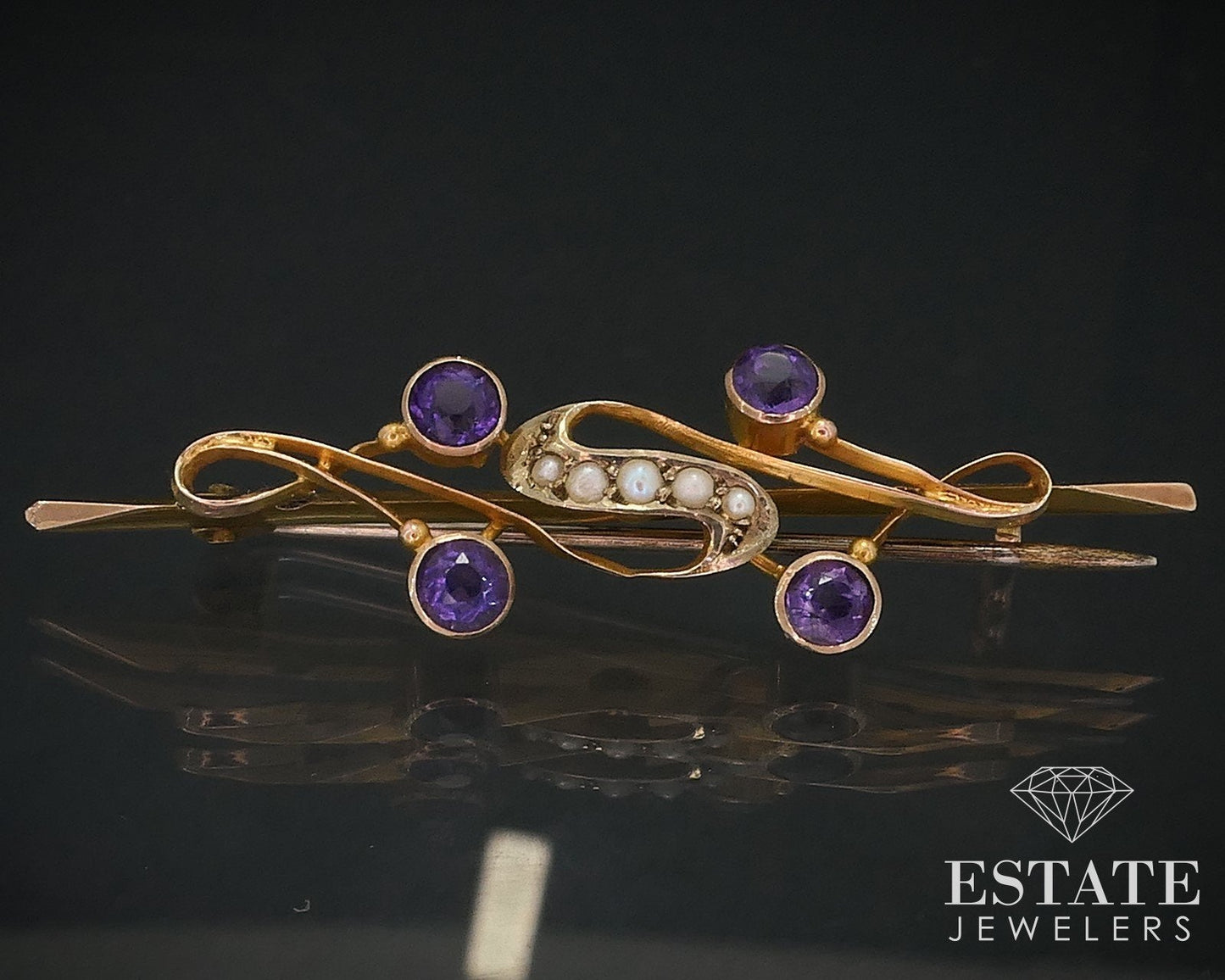Antique Victorian 9k Yellow Gold Amethyst & Seed Pearl Pin Brooch 2.1g i17652