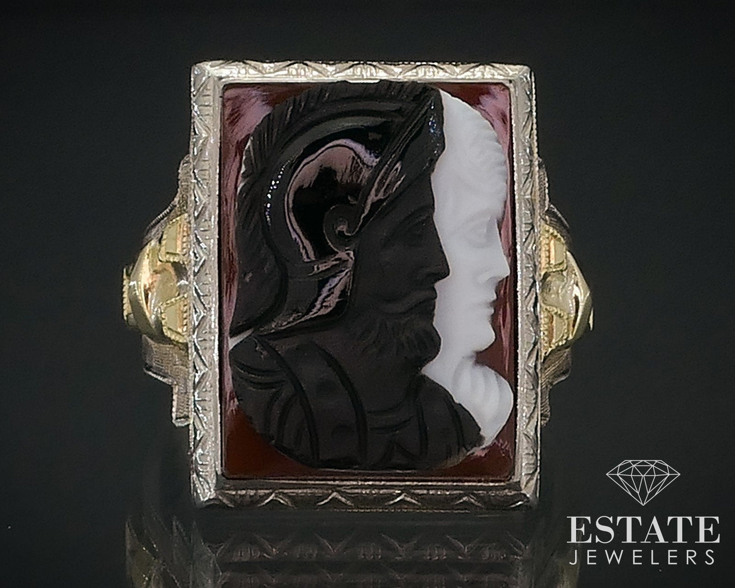 Antique 10k White Gold Natural Sardonyx Double Cameo Mens Ring 8.7g i17638