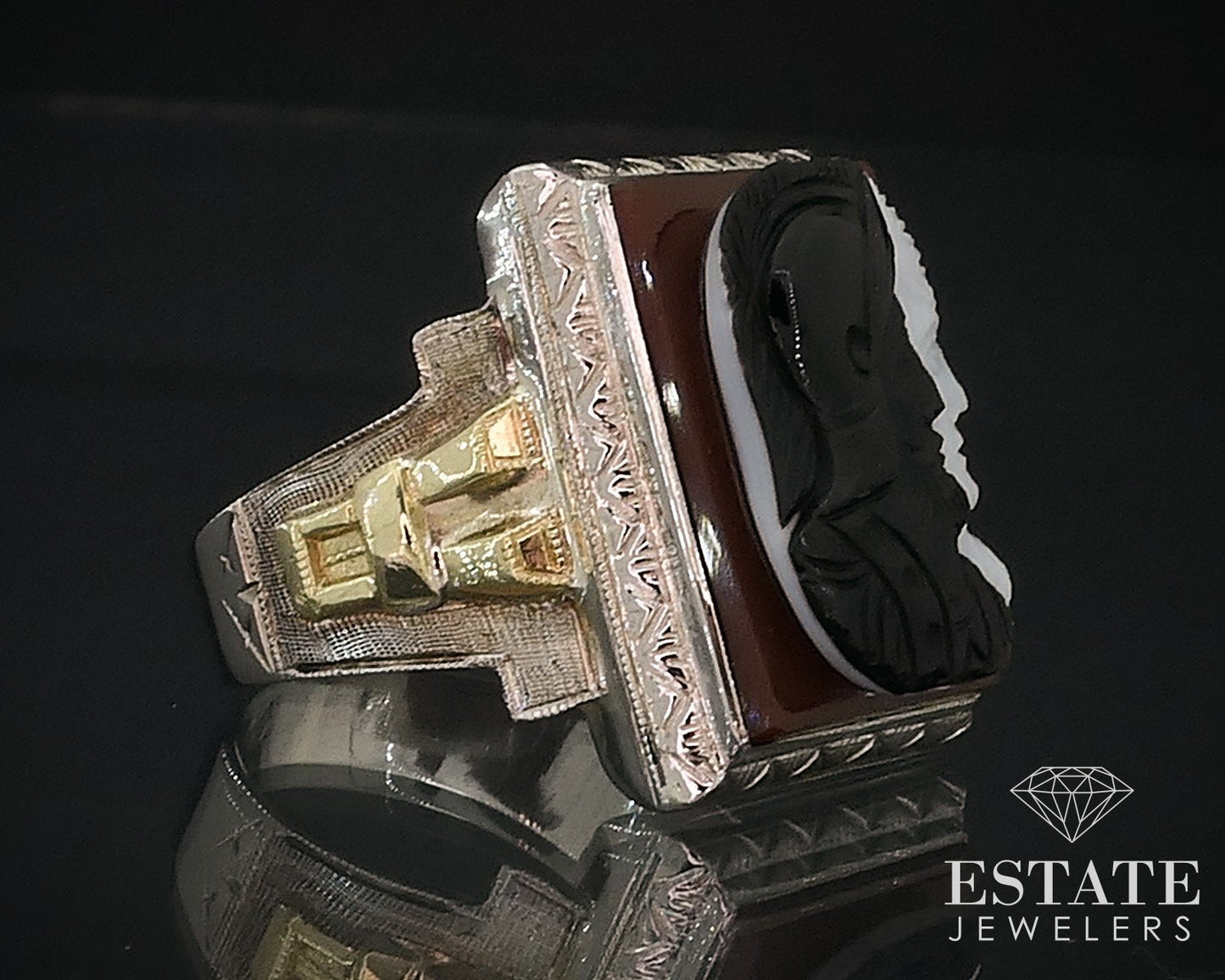 Antique 10k White Gold Natural Sardonyx Double Cameo Mens Ring 8.7g i17638