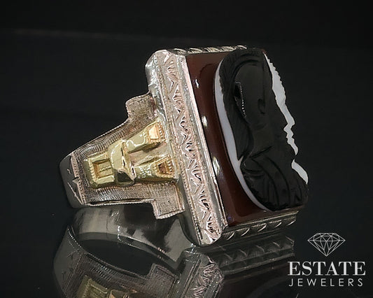 Antique 10k White Gold Natural Sardonyx Double Cameo Mens Ring 8.7g i17638