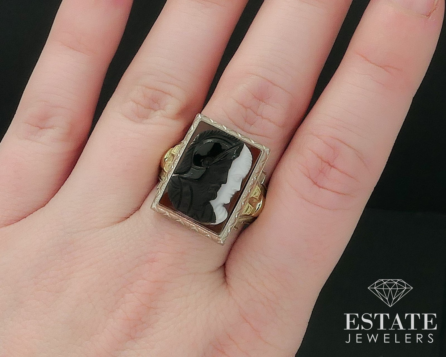 Antique 10k White Gold Natural Sardonyx Double Cameo Mens Ring 8.7g i17638