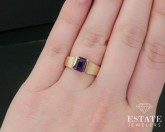 14k Yellow Gold Emerald Natural Amethyst Solitaire Ladies Ring 4g i17648