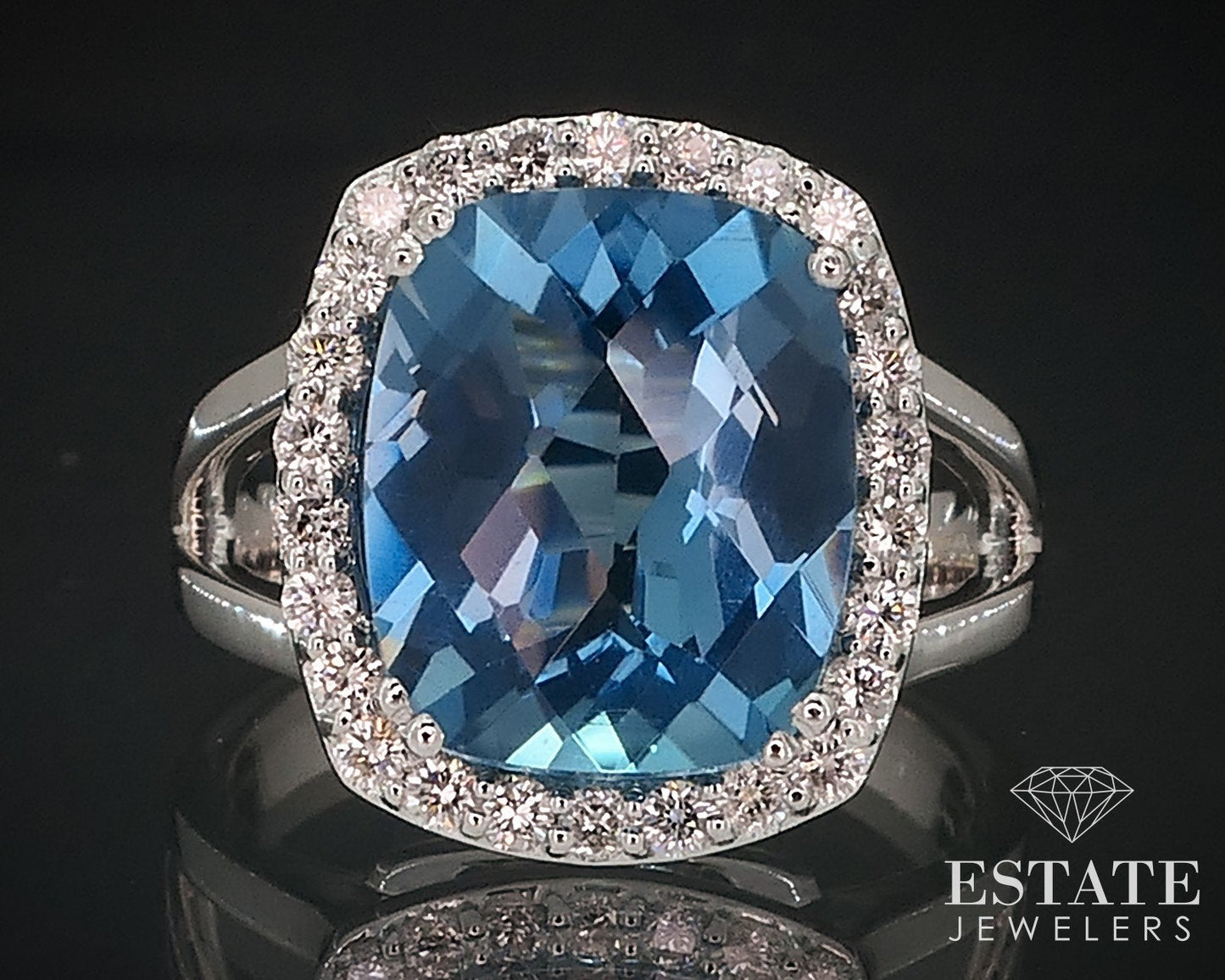 14k White Gold Cushion Natural Blue Topaz & Diamond Halo Ladies Ring 6.6g i17646