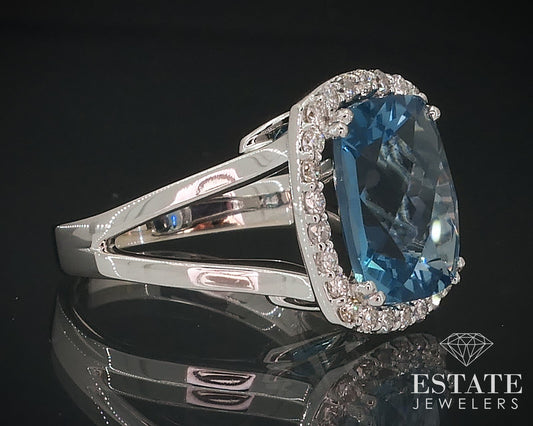 14k White Gold Cushion Natural Blue Topaz & Diamond Halo Ladies Ring 6.6g i17646