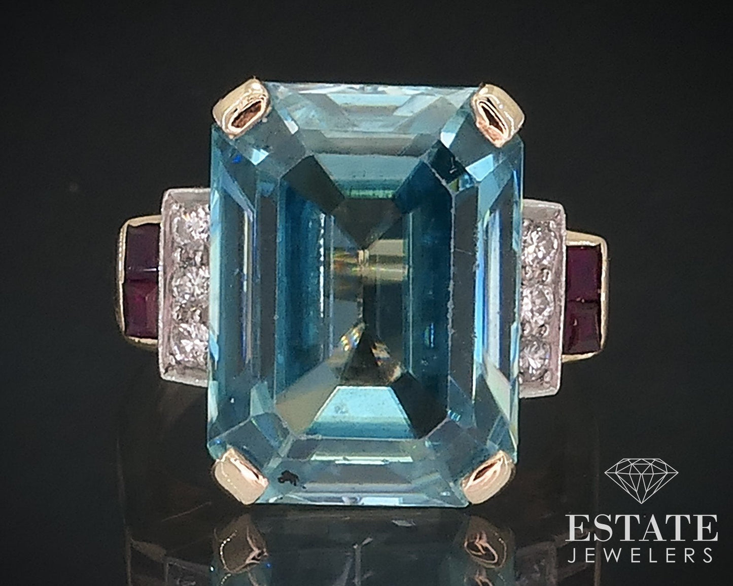 Retro 14k Yellow Gold Natural Blue Zircon Ruby & Diamond Ring 10.3g i17642