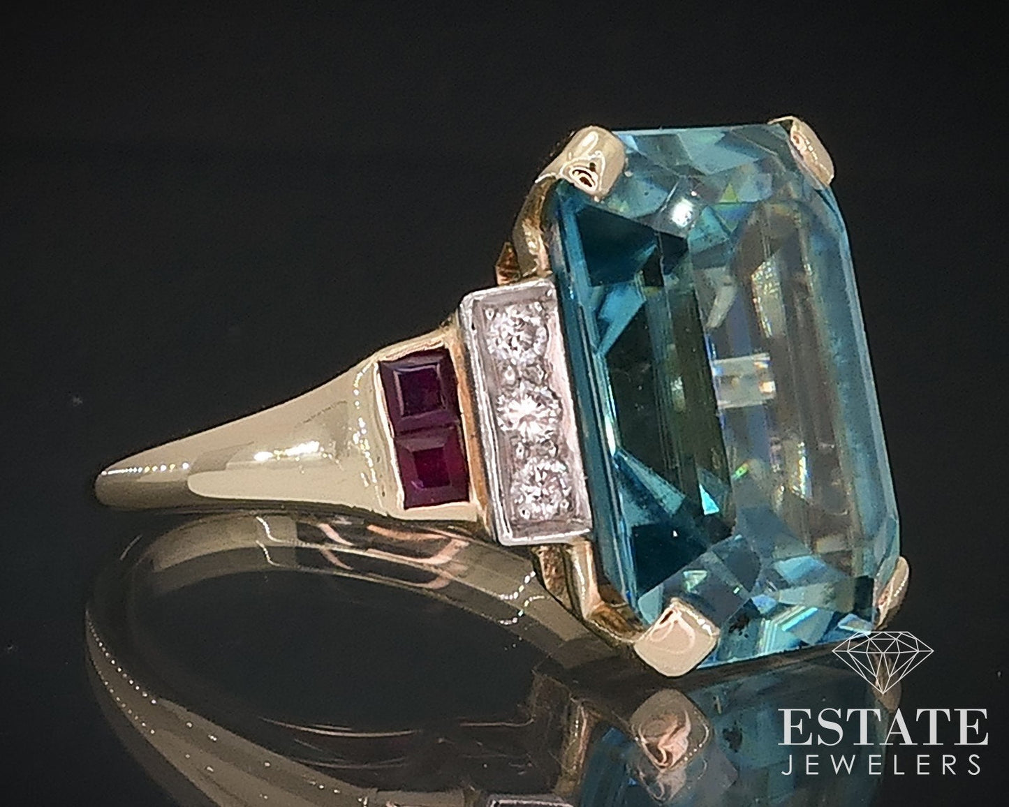 Retro 14k Yellow Gold Natural Blue Zircon Ruby & Diamond Ring 10.3g i17642
