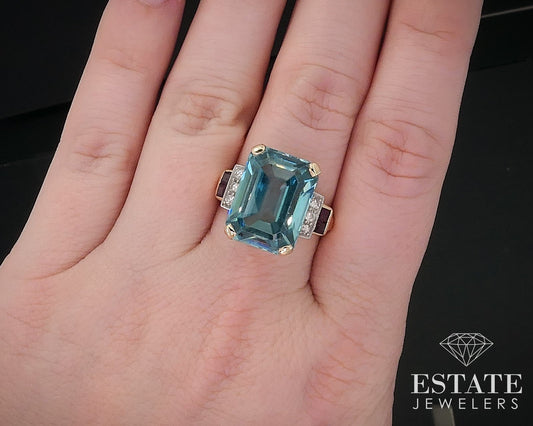 Retro 14k Yellow Gold Natural Blue Zircon Ruby & Diamond Ring 10.3g i17642