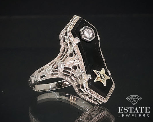 Antique 14k White Gold Masonic Eastern Star Diamond Black Onyx Ring 2.8g i17641