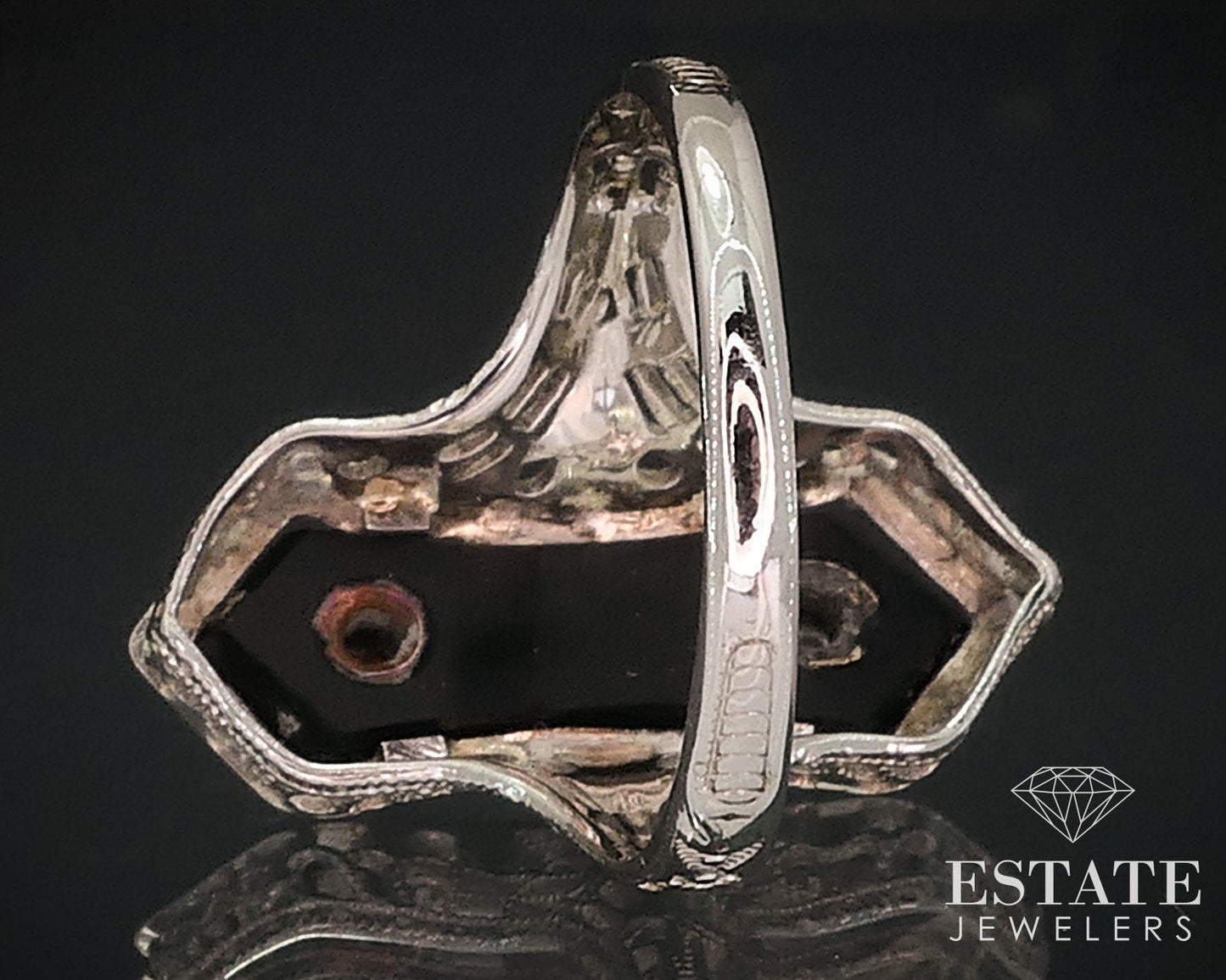 Antique 14k White Gold Masonic Eastern Star Diamond Black Onyx Ring 2.8g i17641