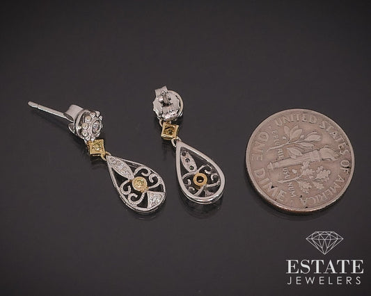 18k Two Tone Gold Natural .23ctw Yellow & White Diamond Earrings 2.5g i17677