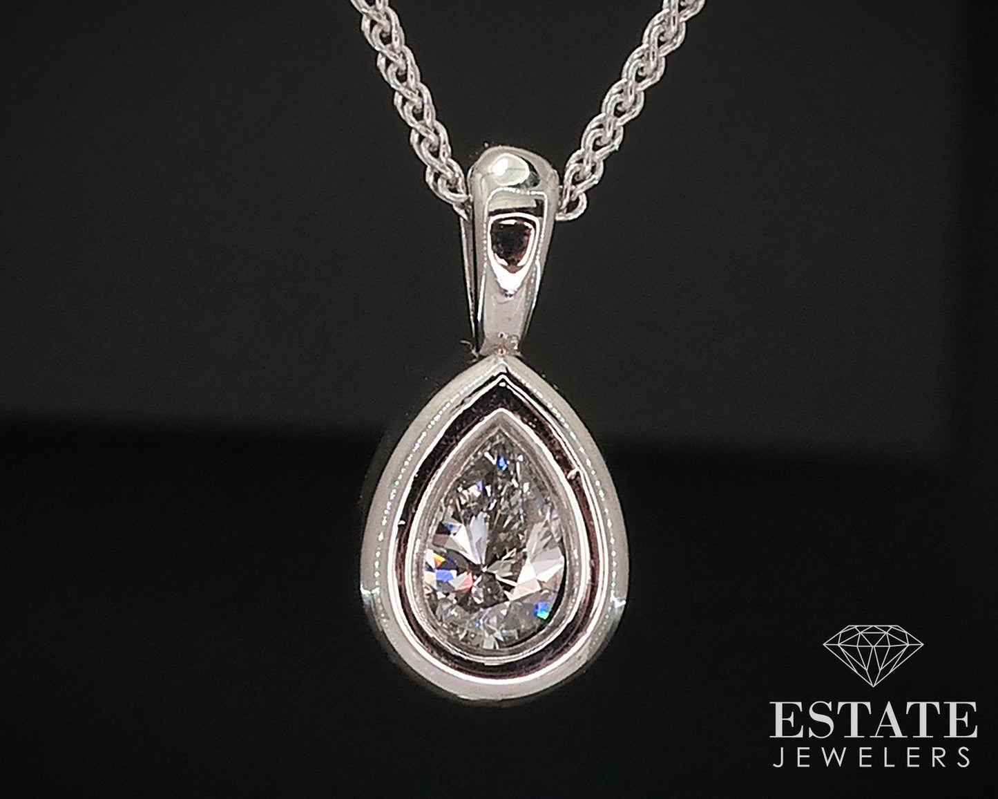 14k White Gold Pear Bezel Natural .22ct Diamond Solitaire Necklace 2.5g i17671
