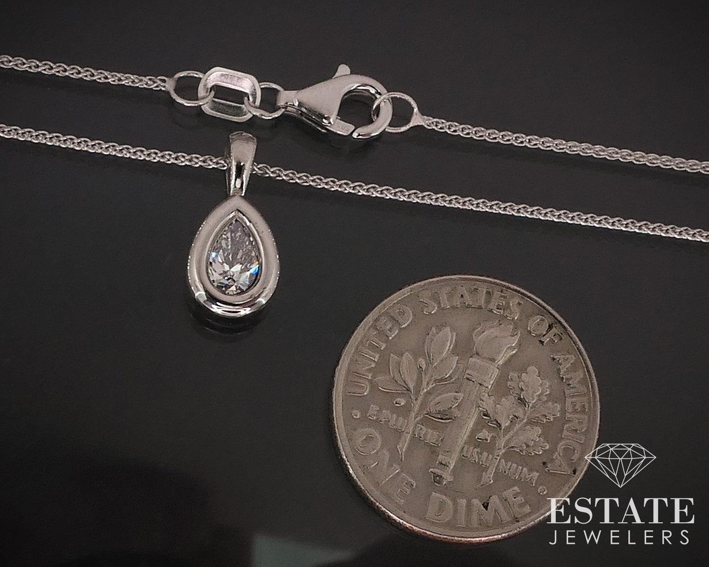 14k White Gold Pear Bezel Natural .22ct Diamond Solitaire Necklace 2.5g i17671
