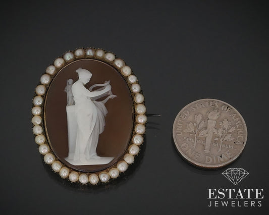 Antique Victorian 14k Yellow Gold Muse Cameo & Pearl Pin Brooch 10.5g i17709