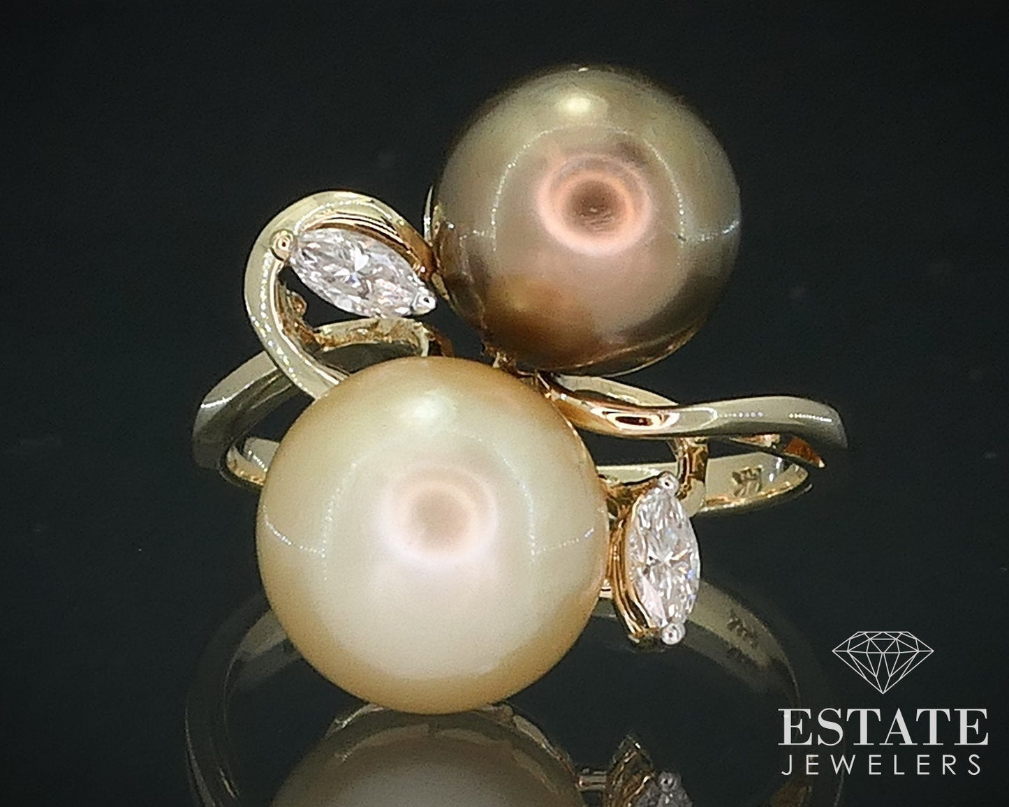 14k Yellow Gold 9mm Cultured Golden Pearl & Diamond Bypass Ring 4.8g i17708