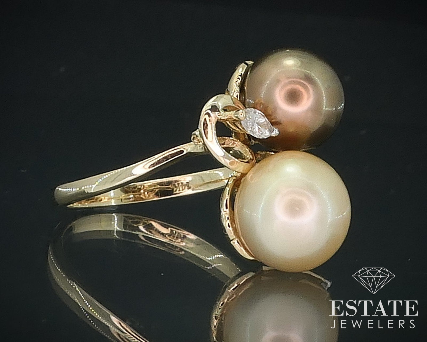 14k Yellow Gold 9mm Cultured Golden Pearl & Diamond Bypass Ring 4.8g i17708