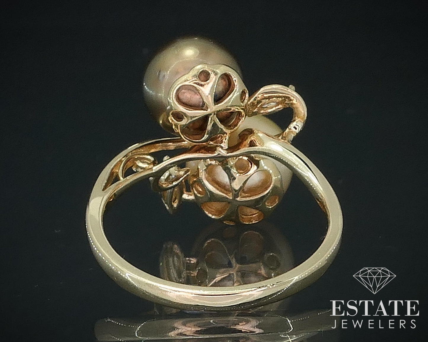 14k Yellow Gold 9mm Cultured Golden Pearl & Diamond Bypass Ring 4.8g i17708