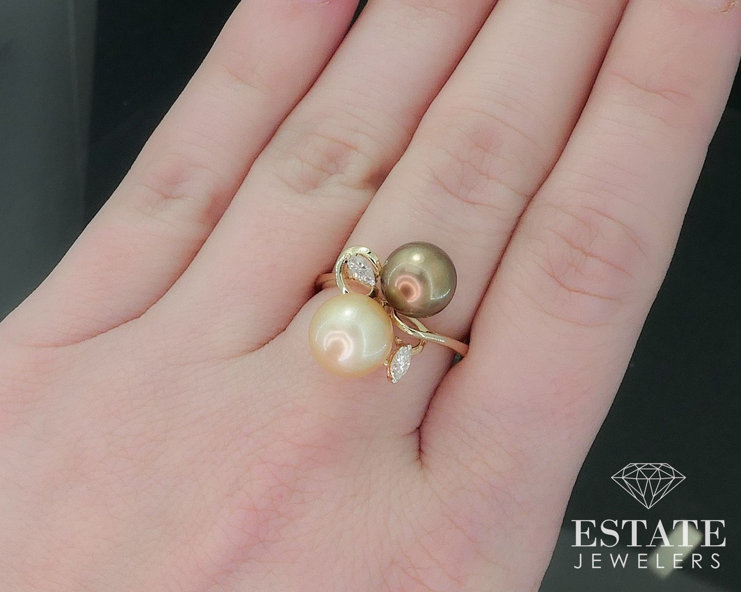 14k Yellow Gold 9mm Cultured Golden Pearl & Diamond Bypass Ring 4.8g i17708