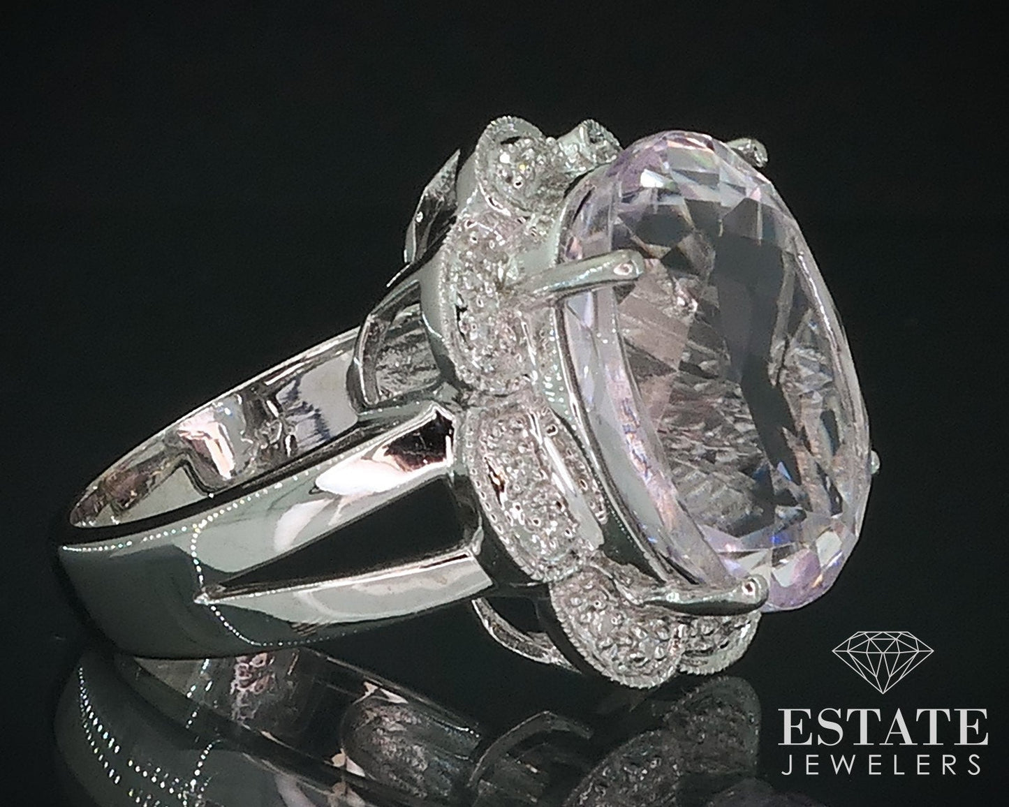 14k White Gold Oval Natural 10ct Kunzite & Diamond Ladies Ring 8.1g i17696