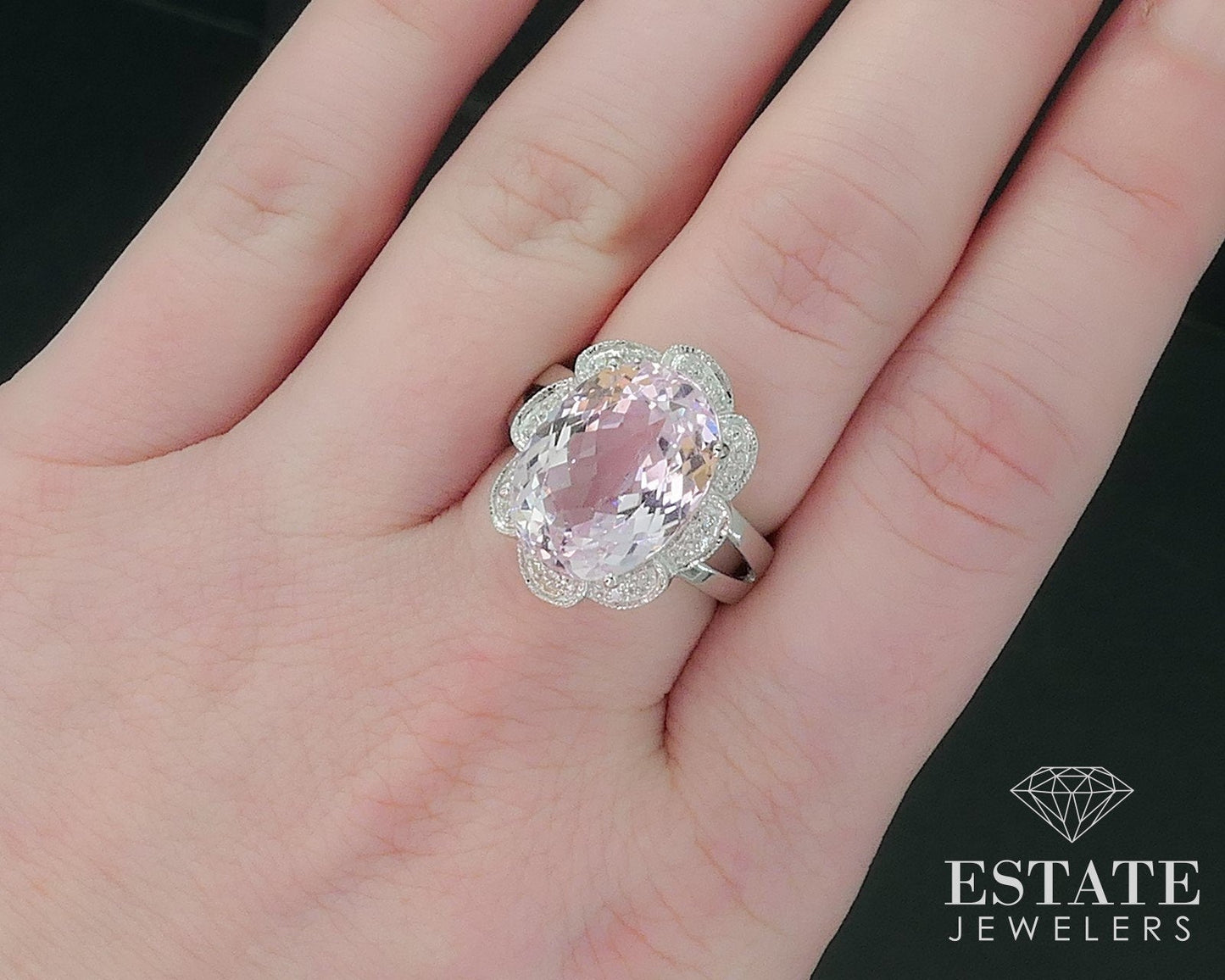 14k White Gold Oval Natural 10ct Kunzite & Diamond Ladies Ring 8.1g i17696