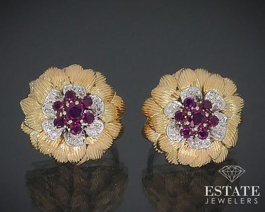 Vintage 18k Yellow Gold Natural Ruby & Diamond Omega Back Earrings 24.7g i17721