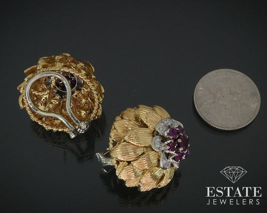 Vintage 18k Yellow Gold Natural Ruby & Diamond Omega Back Earrings 24.7g i17721