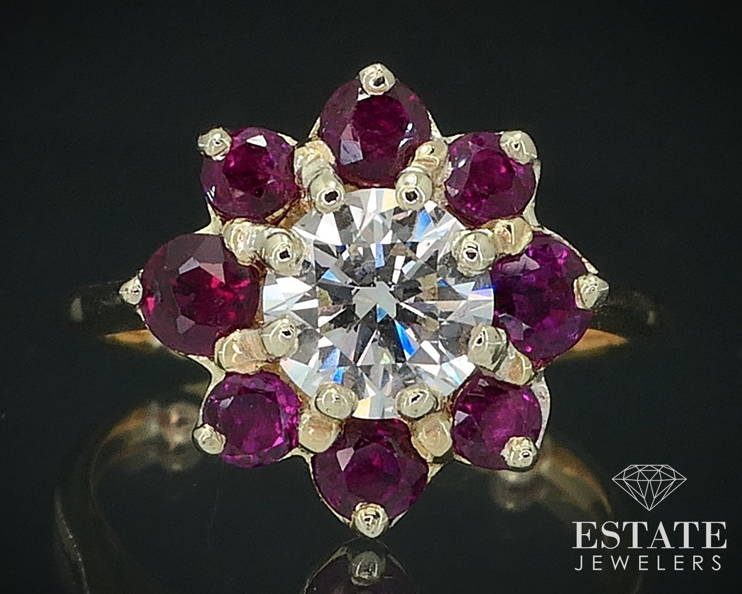 18k Yellow Gold Natural 1.08ctw Diamond & Ruby Flower Ring 2.8g i17722