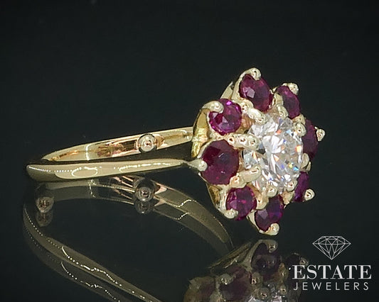 18k Yellow Gold Natural 1.08ctw Diamond & Ruby Flower Ring 2.8g i17722