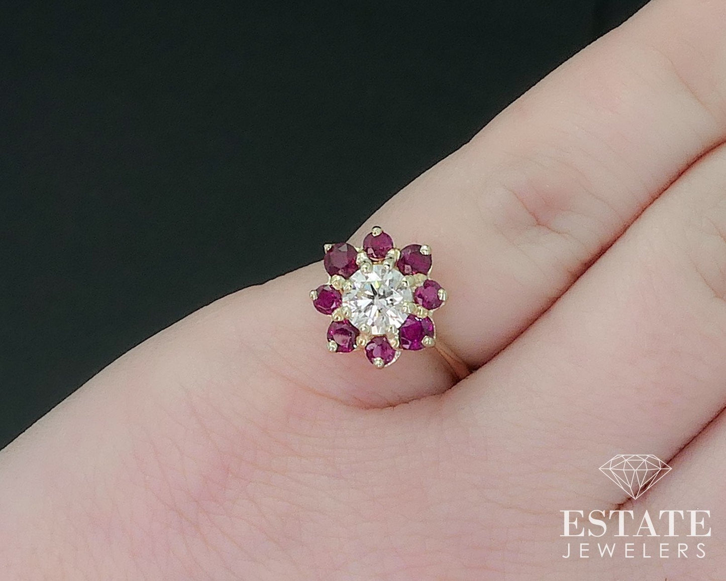 18k Yellow Gold Natural 1.08ctw Diamond & Ruby Flower Ring 2.8g i17722