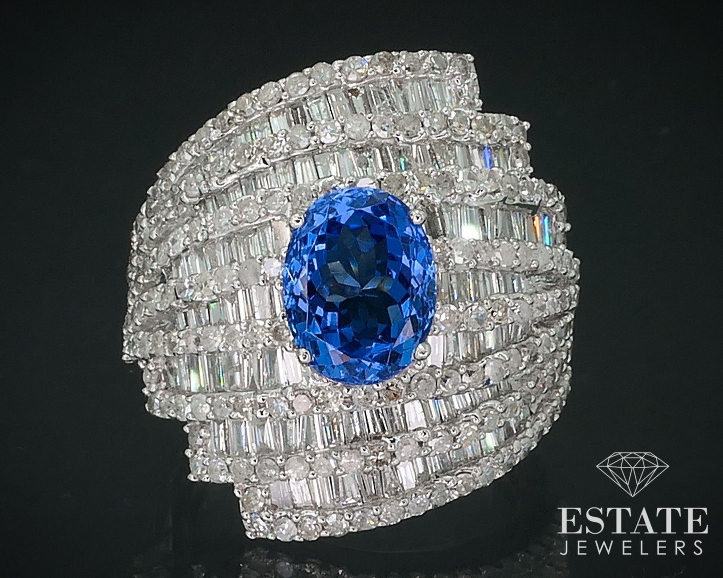 18k White Gold Natural Tanzanite & 2ctw Diamond Cocktail Band Ring 10.6g i17737