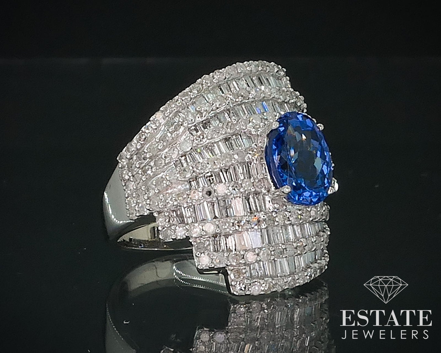 18k White Gold Natural Tanzanite & 2ctw Diamond Cocktail Band Ring 10.6g i17737