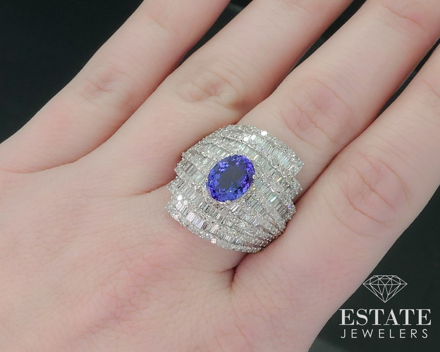 18k White Gold Natural Tanzanite & 2ctw Diamond Cocktail Band Ring 10.6g i17737