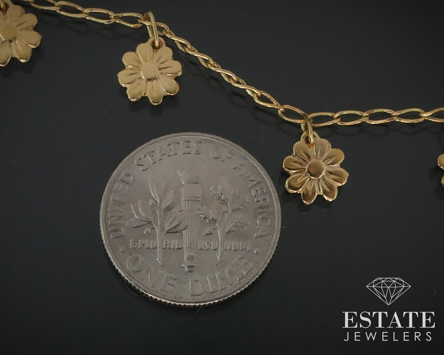 14k Yellow Gold Flower Charm Curb Chain Ankle Bracelet 2.9g 9.25"L i17736b