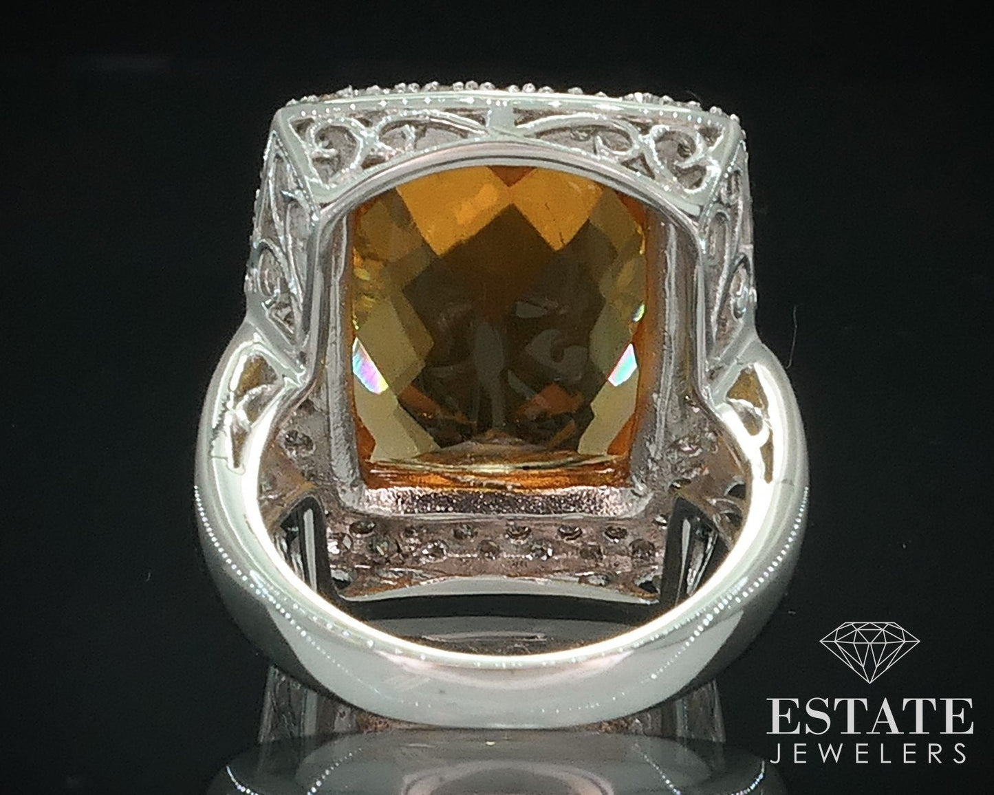 14k White Gold Cushion Natural 6.5ct Citrine & Diamond Cocktail Ring 7.5g i17765