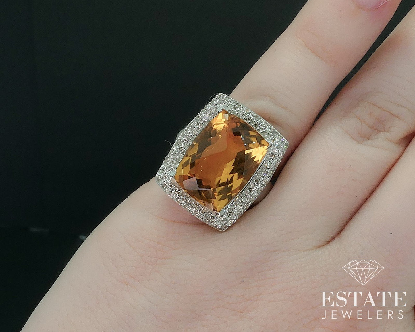 14k White Gold Cushion Natural 6.5ct Citrine & Diamond Cocktail Ring 7.5g i17765