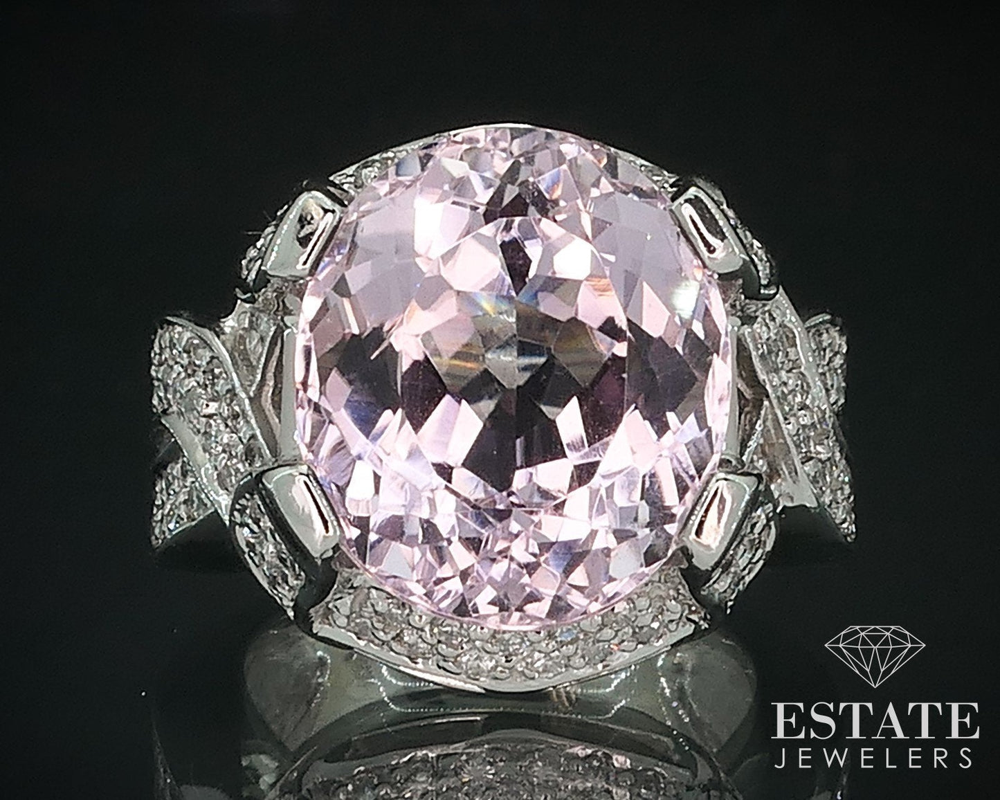 14k White Gold Oval Natural 8.5ct Kunzite & Diamond Ladies Ring 14.2g i17761