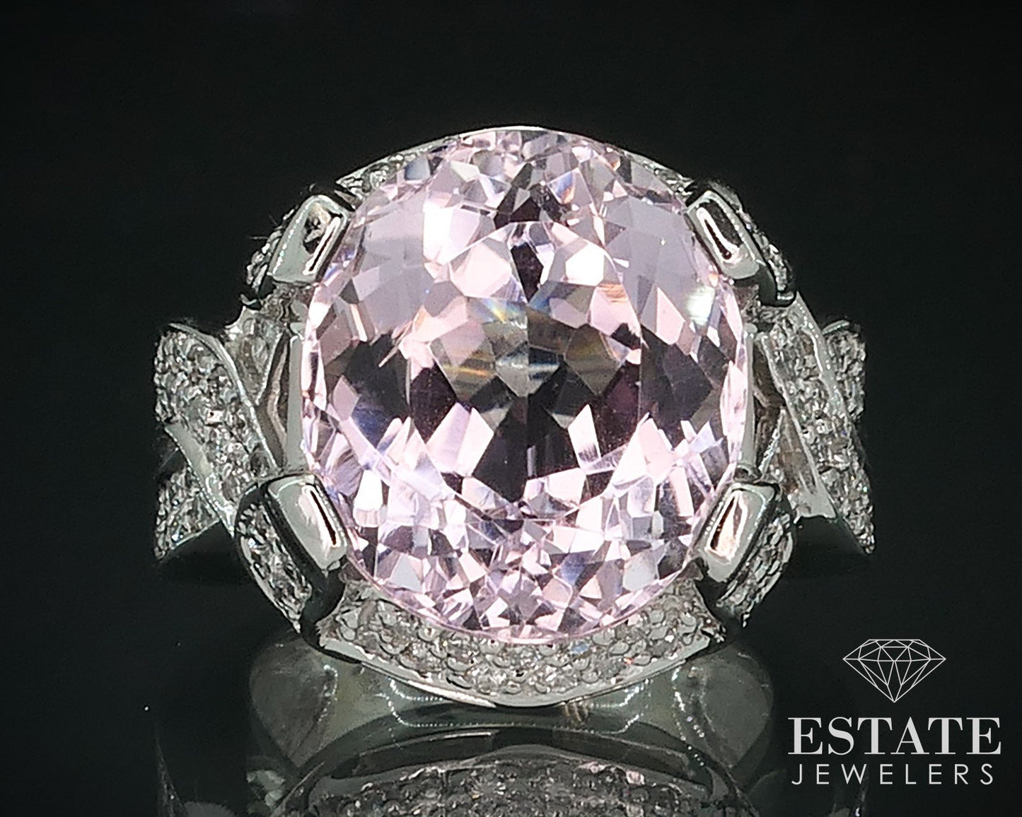 14k White Gold Oval Natural 8.5ct Kunzite & Diamond Ladies Ring 14.2g i17761