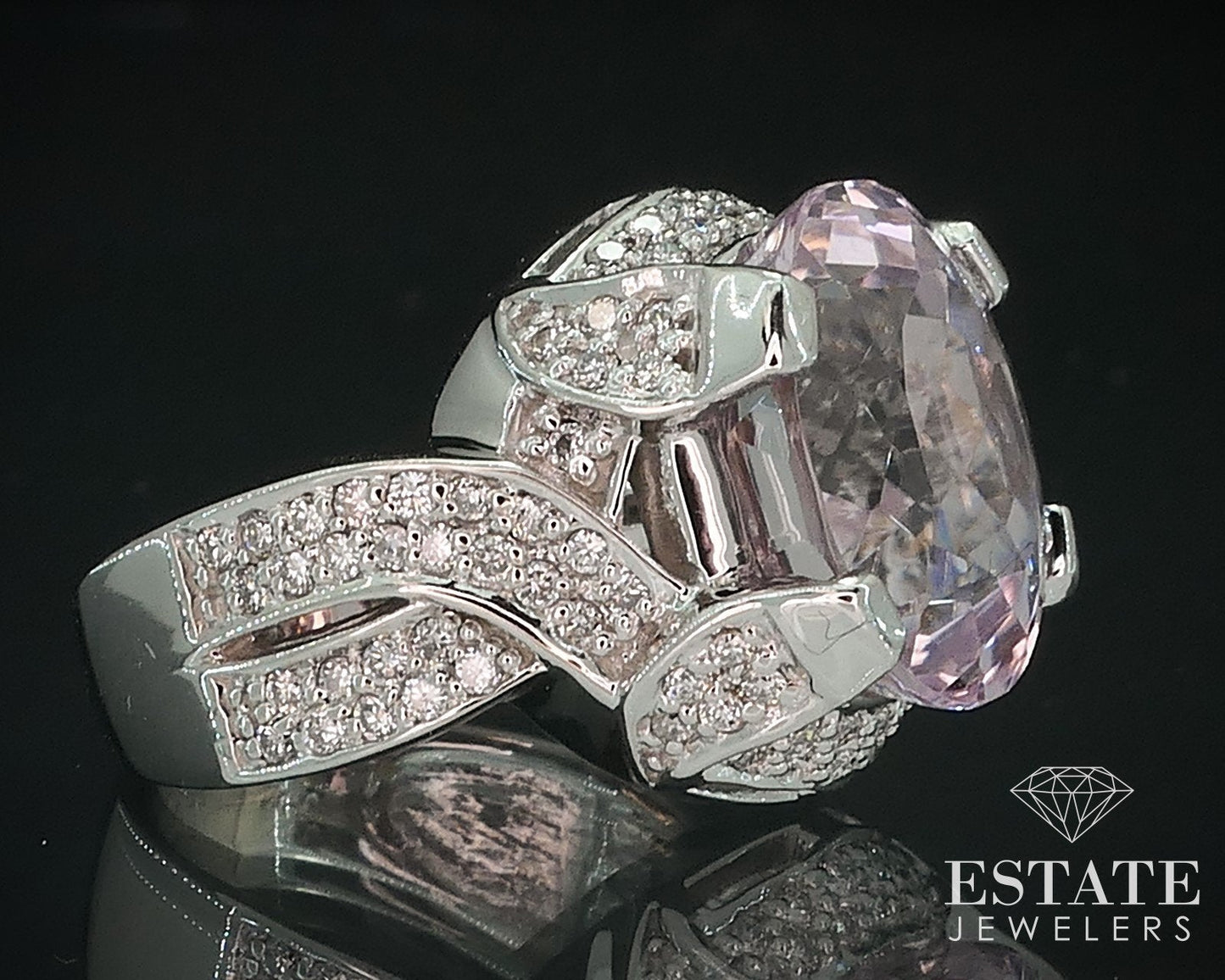 14k White Gold Oval Natural 8.5ct Kunzite & Diamond Ladies Ring 14.2g i17761