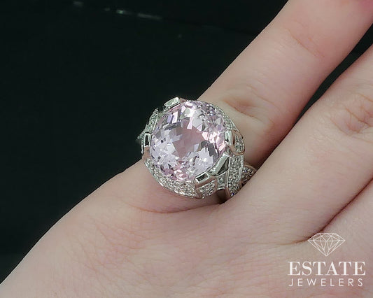 14k White Gold Oval Natural 8.5ct Kunzite & Diamond Ladies Ring 14.2g i17761