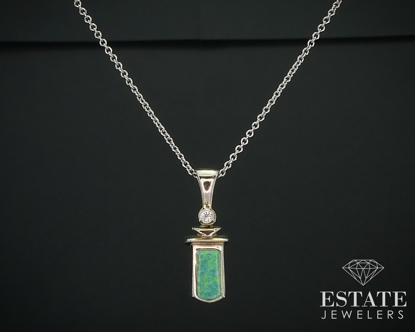 14k White Gold Inlaid Opal & Diamond Ladies Necklace 3.1g 18"L i17758
