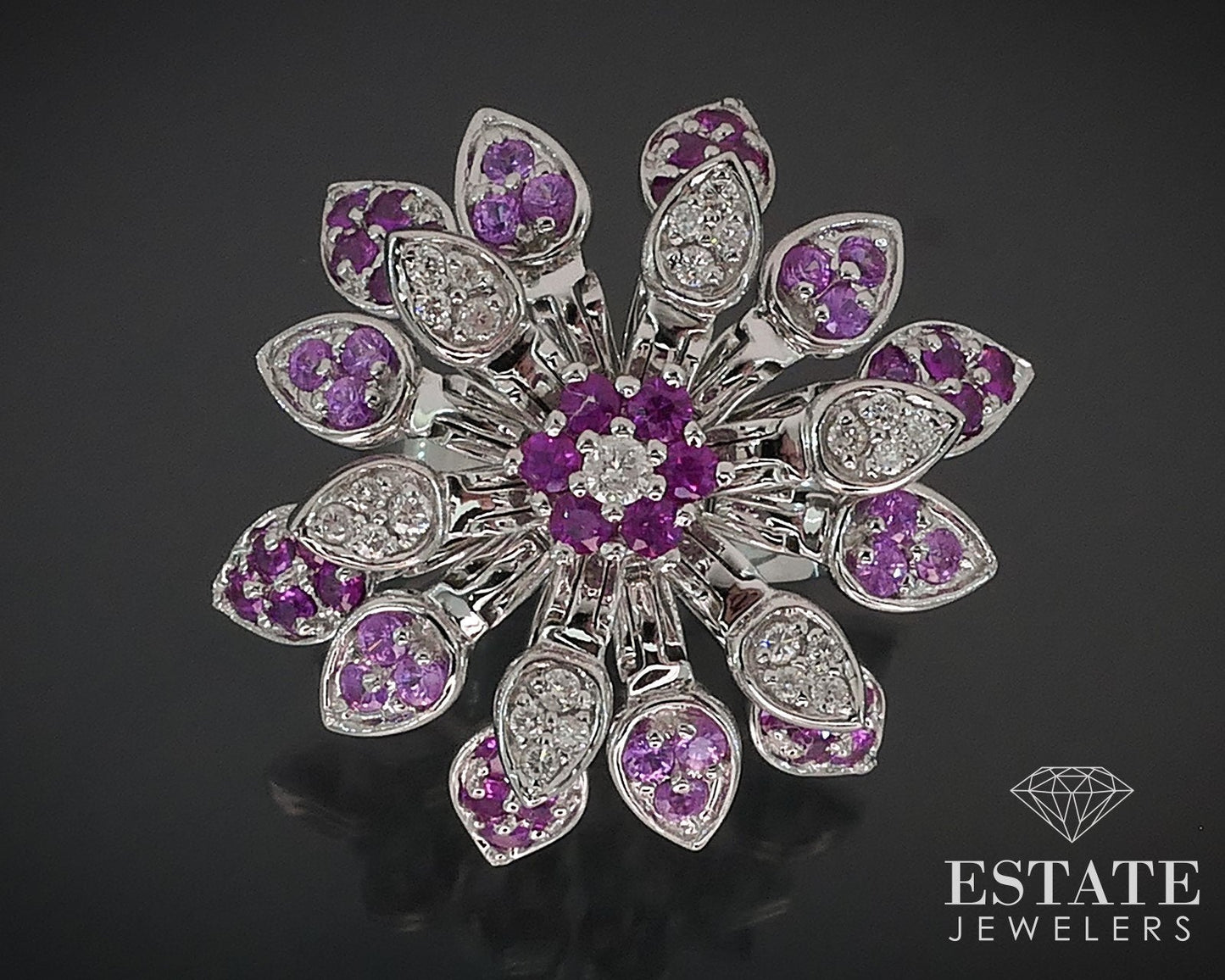18k White Gold Natural Sapphire & Diamond Articulated Flower Ring 17g i17770