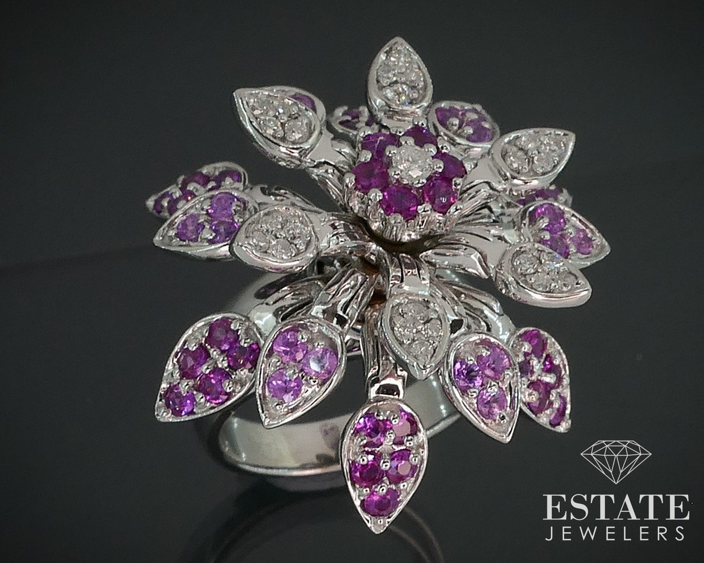 18k White Gold Natural Sapphire & Diamond Articulated Flower Ring 17g i17770