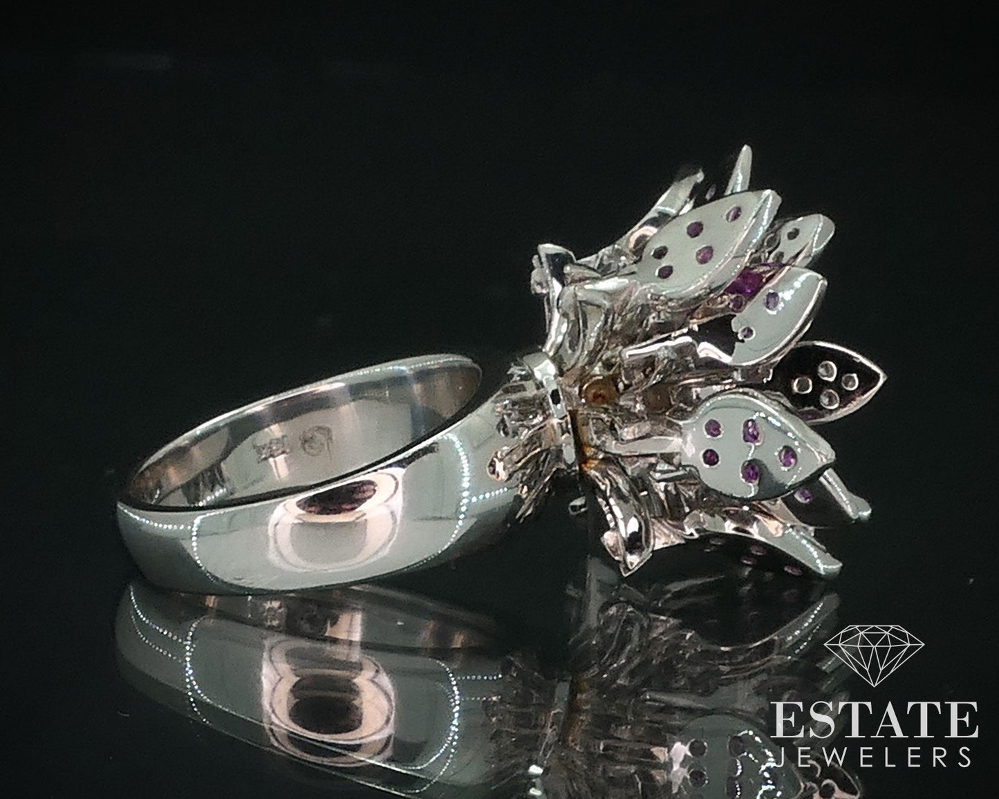 18k White Gold Natural Sapphire & Diamond Articulated Flower Ring 17g i17770