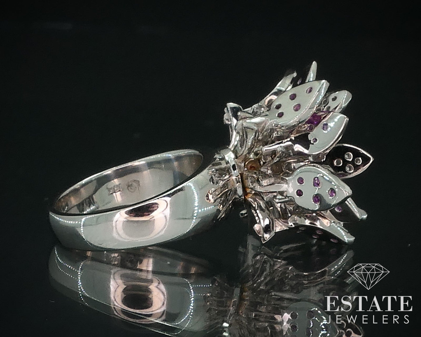 18k White Gold Natural Sapphire & Diamond Articulated Flower Ring 17g i17770